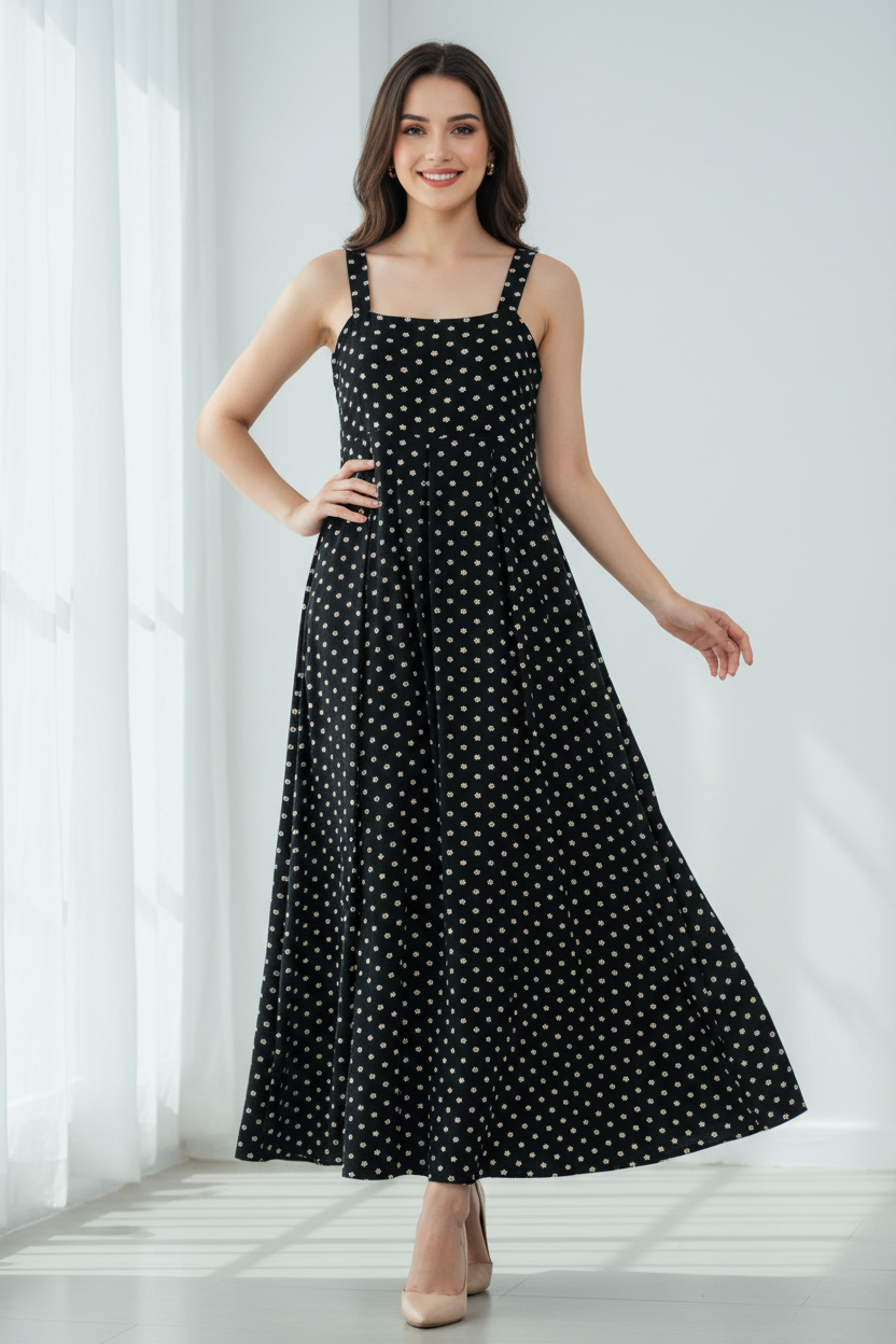 Black polka dot dress on a mannequin against a white wall.