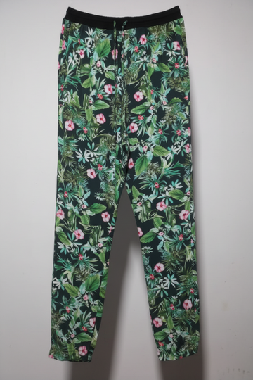 Vibrant Tropical Hibiscus Print Jogger Pants – Dark Green & Pink