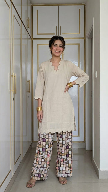 Elegant Beige Scalloped Detail Premium 2Pc