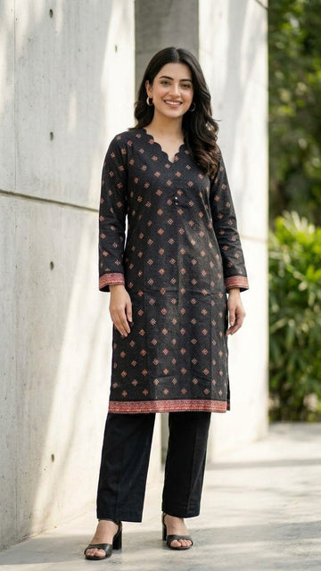 Black Geometric Print 2Pc with Scalloped Neckline