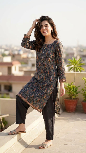 Elegant Navy Blue Paisley Floral Print 2Pc