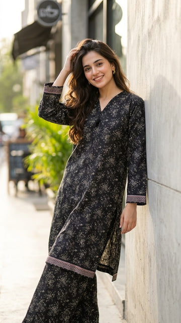 Elegant Black Floral Printed Straight 2Pc