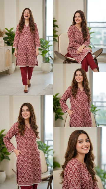 Maroon Floral Printed 2Pc with Delicate Lace Detailing