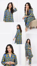A woman modeling a blue and yellow patterned kurta set in a six-panel collage on a clean white studio background, showing different poses including sitting on a stool and standing.