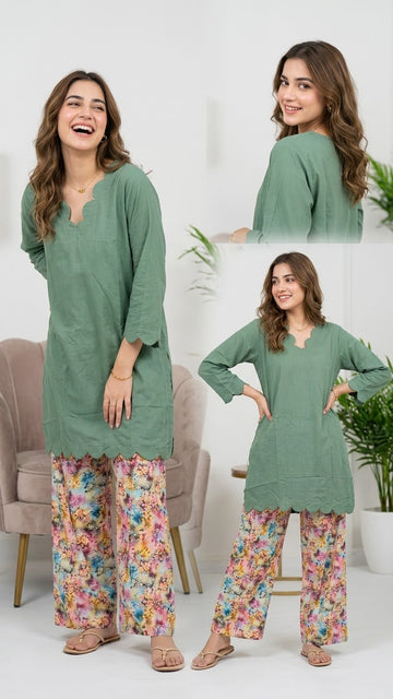 Premium Sage Green Scalloped Detail 2Pc