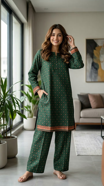 Premium Dark Green Printed 2Pc