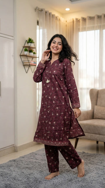 Premium Deep Maroon Floral Print Straight 2Pc