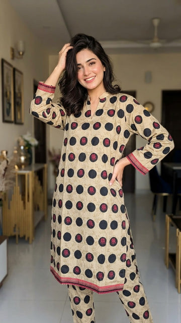 Beige Floral Polka Dot Print 2Pc
