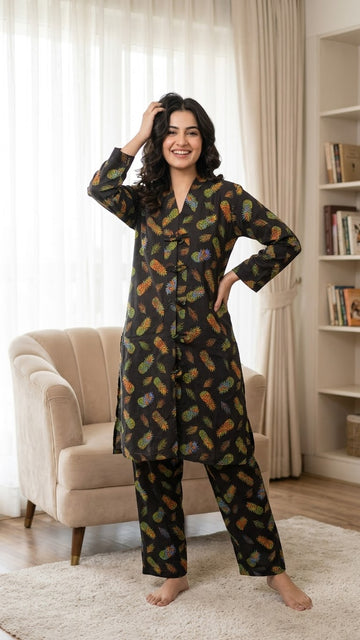 Premium Black Pineapple Print Mandarin Collar 2pc