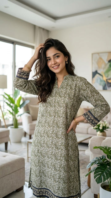 Olive Green Floral Print 2Pc with Contrasting Borders