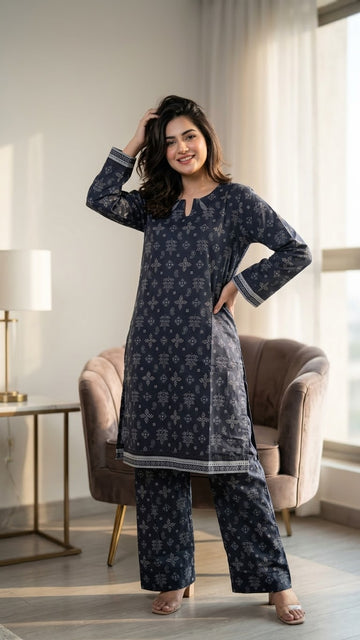 Navy Blue Paisley Print Premium 2 Pc