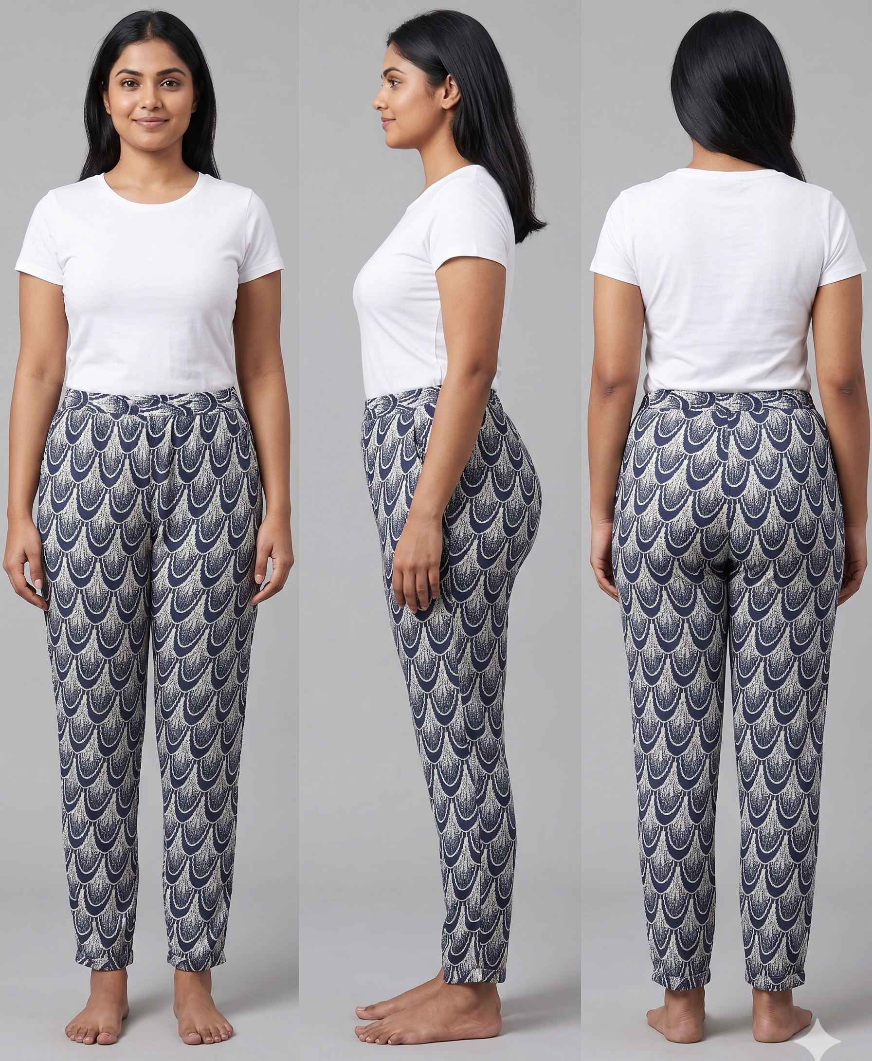 Woman modeling a white top and patterned pants from front, side, and back views on a gray background.