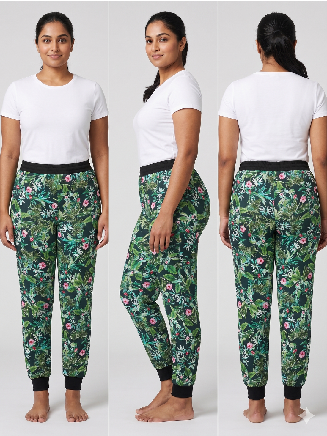 Woman wearing a white t-shirt and green floral pants, shown from front, side, and back views.