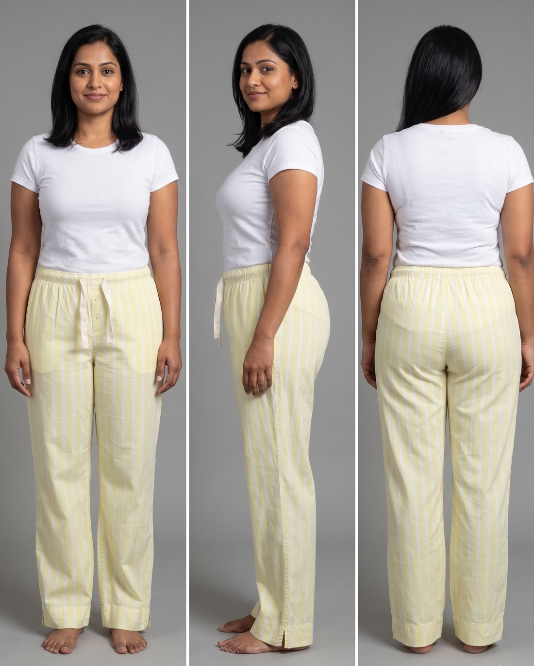 Woman wearing a white t-shirt and yellow striped pants from front, side, and back views on a gray background.