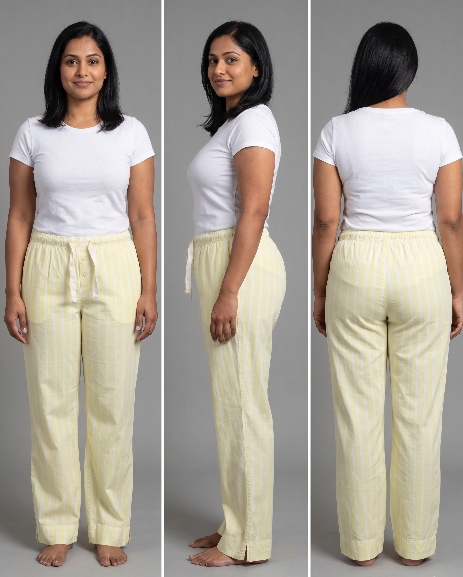 Woman wearing a white t-shirt and yellow striped pants from front, side, and back views on a gray background.