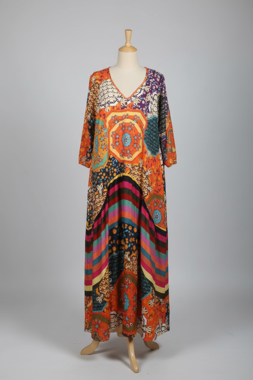 Colorful patterned dress on a mannequin against a white wall.