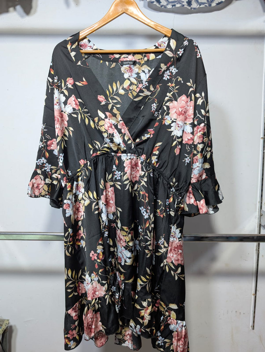 boohoo Black Satin Floral Ruffle Wrap Dress