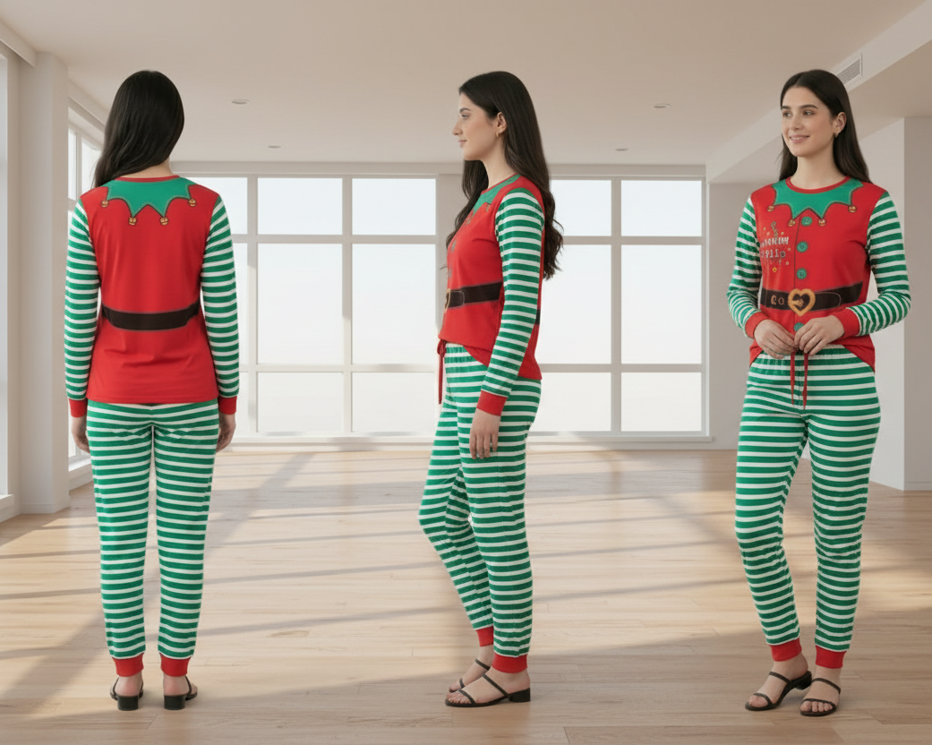 Festive "Mummy Elf" Holiday 2-Piece Pajama Set – Green & White Striped