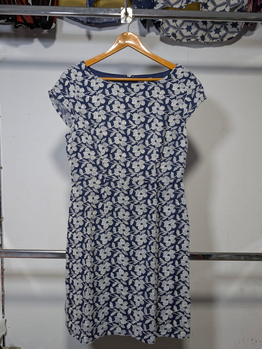 Navy Textured Jacquard Floral Sheath Dress