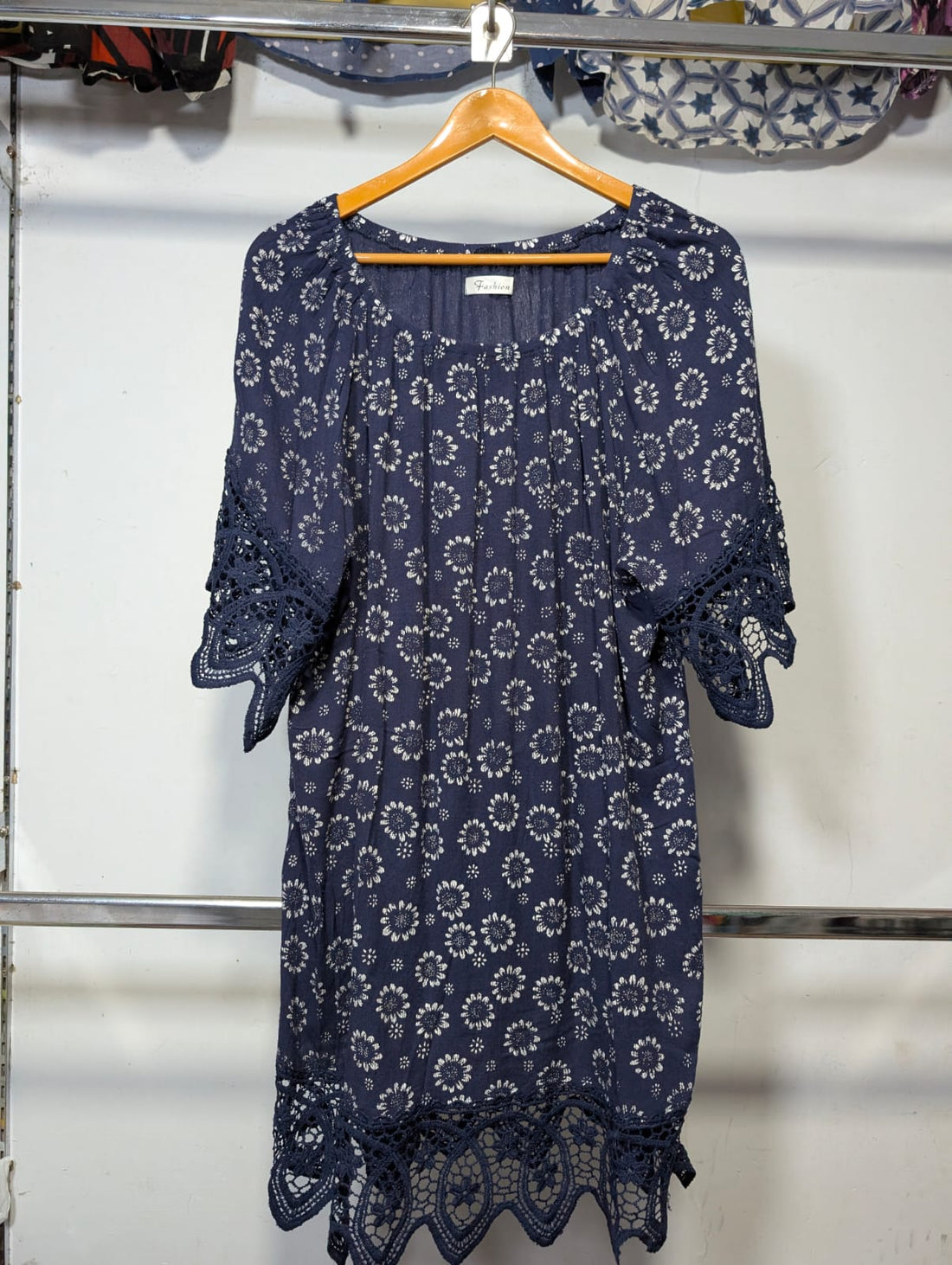 Navy Floral Crochet Lace Hem Tunic Dress