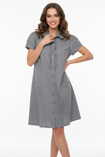 Ash Grey Ruffle Front Pocket Shirt Dress
