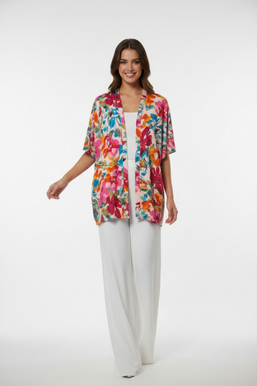 Multicolor Watercolor Floral Open-Front Kimono Shrug Top
