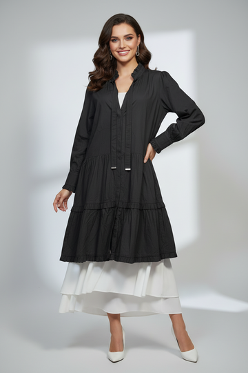 Elegant Black Ruffled High-Neck Tiered Dress