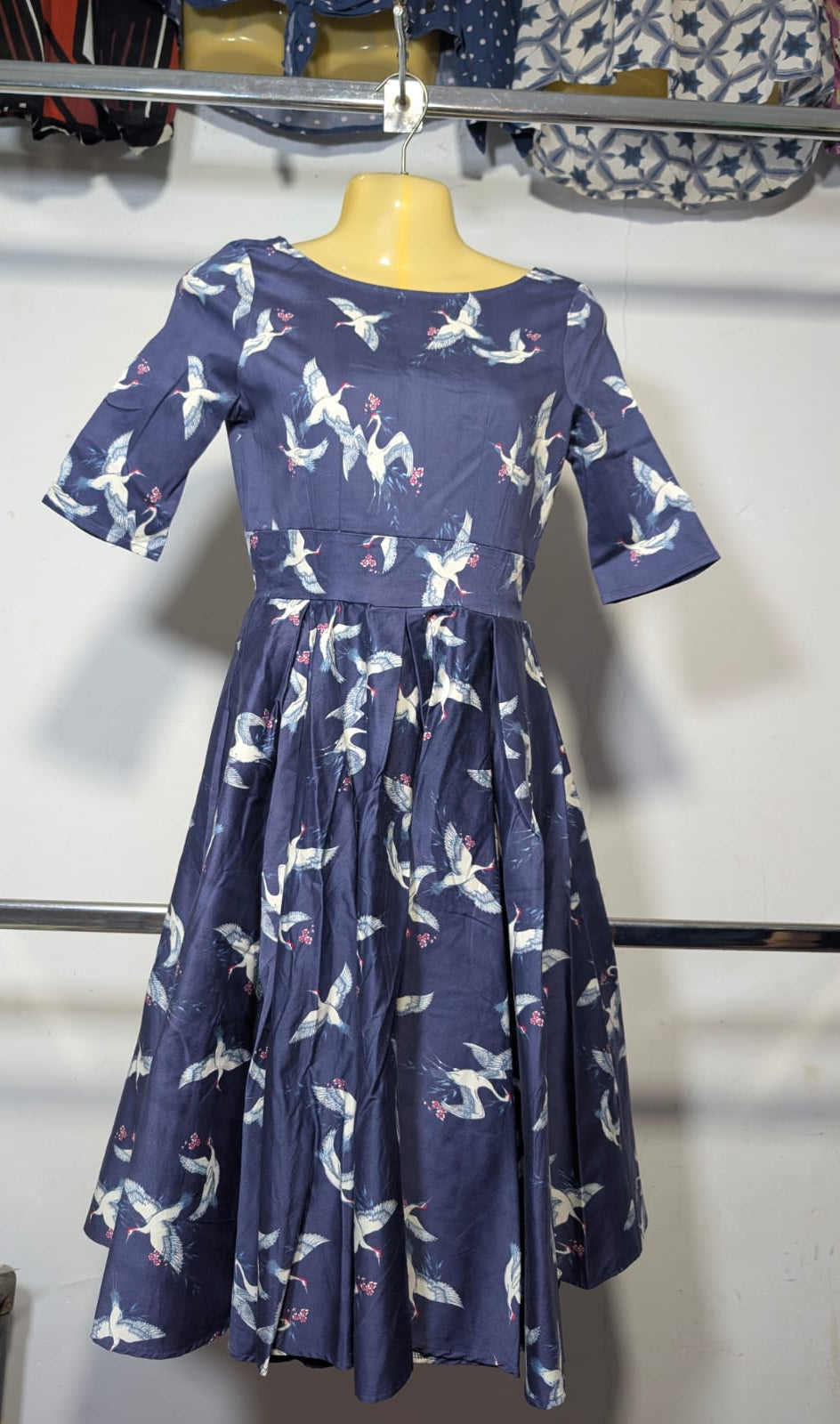 Navy Blue Crane Print Fit and Flare Midi Dress