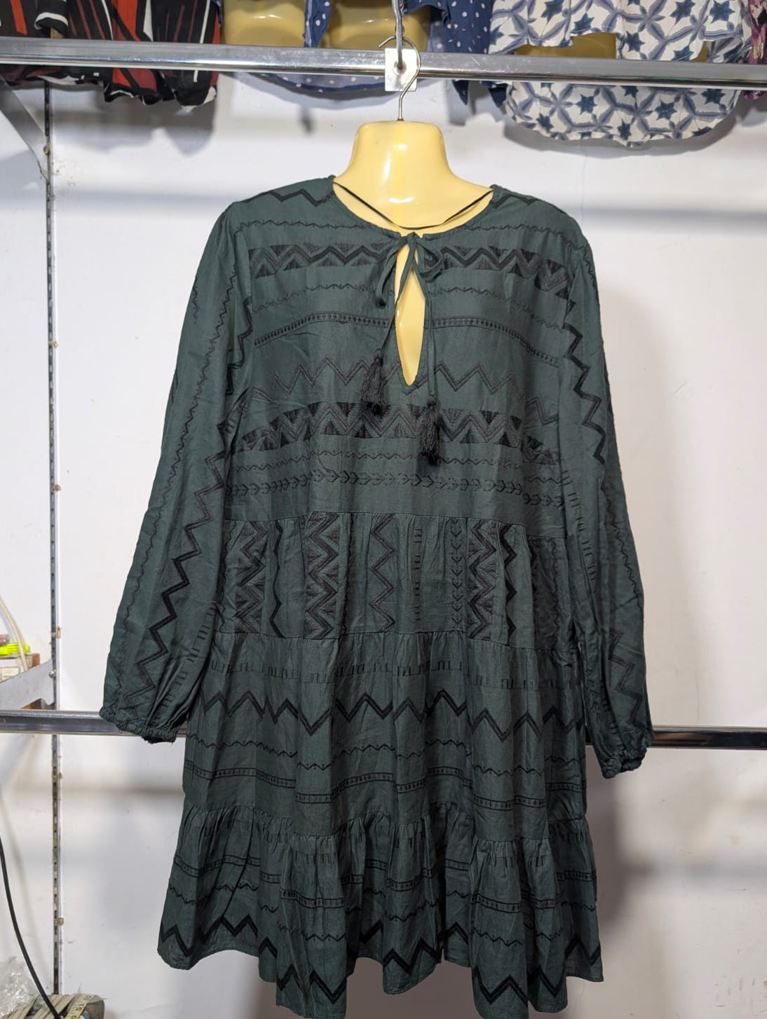 Dark Teal Geometric Print Tiered Boho Dress