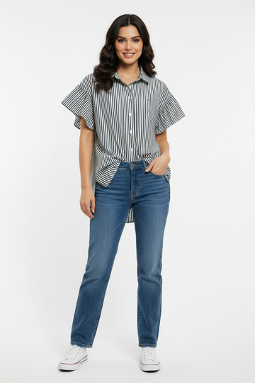 Striped Ruffle Sleeve Shirt Dress
