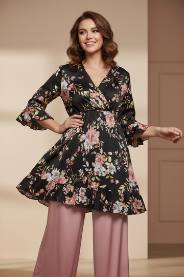 boohoo Black Satin Floral Ruffle Wrap Dress