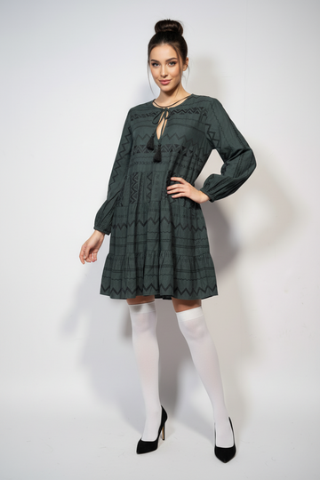 Dark Teal Geometric Print Tiered Boho Dress