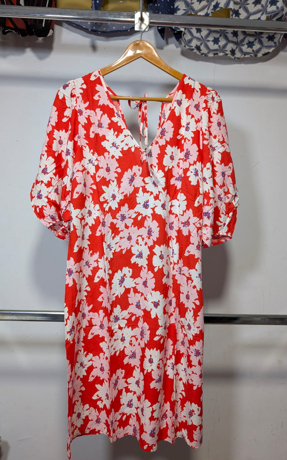 Red & Pink Floral Puff Sleeve Midi Dress
