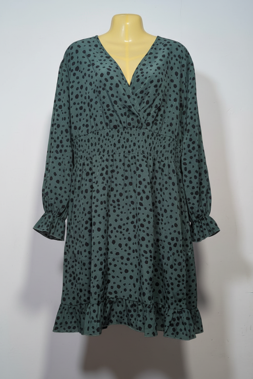 Dark Green Dalmatian Print Smocked Waist Midi Dress
