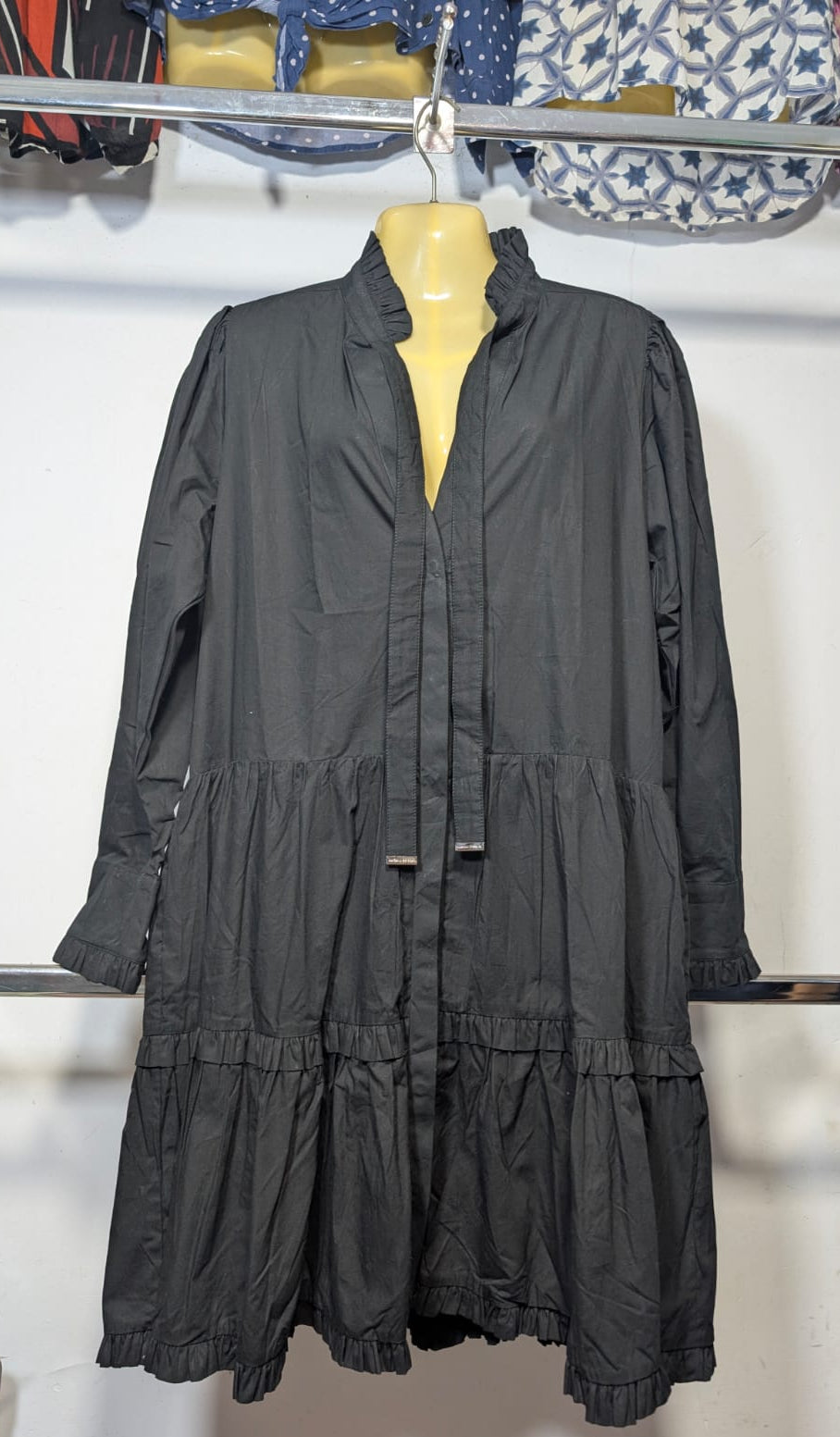 Elegant Black Ruffled High-Neck Tiered Dress