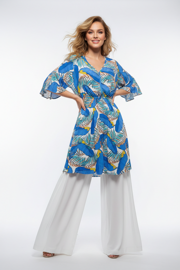 Blue Tropical Palm Leaf Print V-Neck Midi Dress