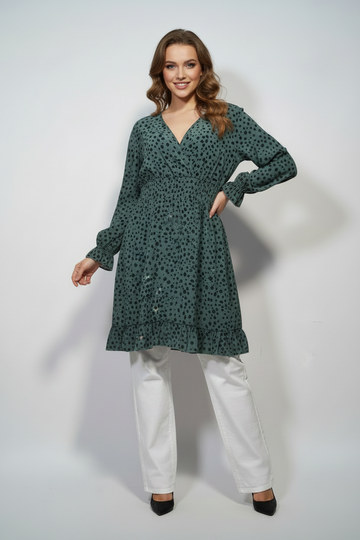 Dark Green Dalmatian Print Smocked Waist Midi Dress