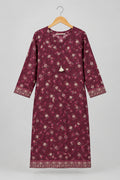 A long-sleeved maroon kurta with a small white floral print, hanging on a metal hanger against a white wardrobe door.