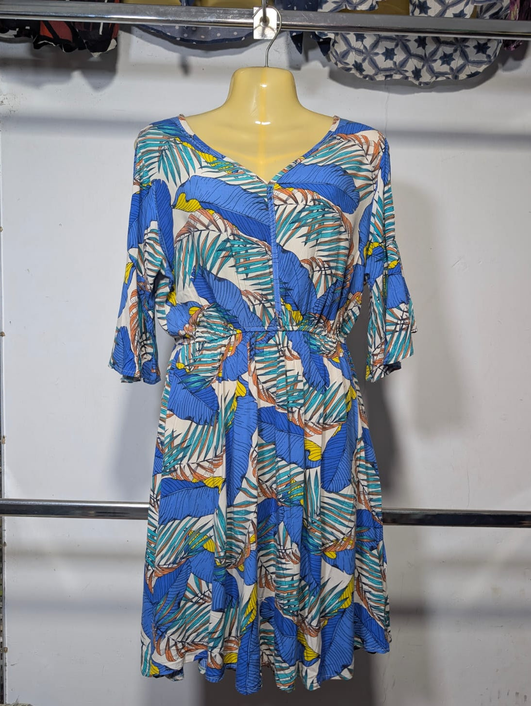 Blue Tropical Palm Leaf Print V-Neck Midi Dress