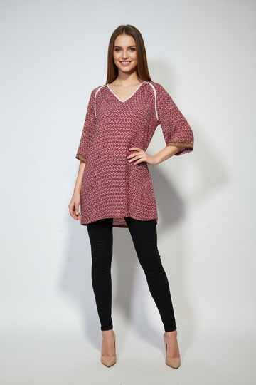 Berry Red Geometric V-Neck Tunic Top
