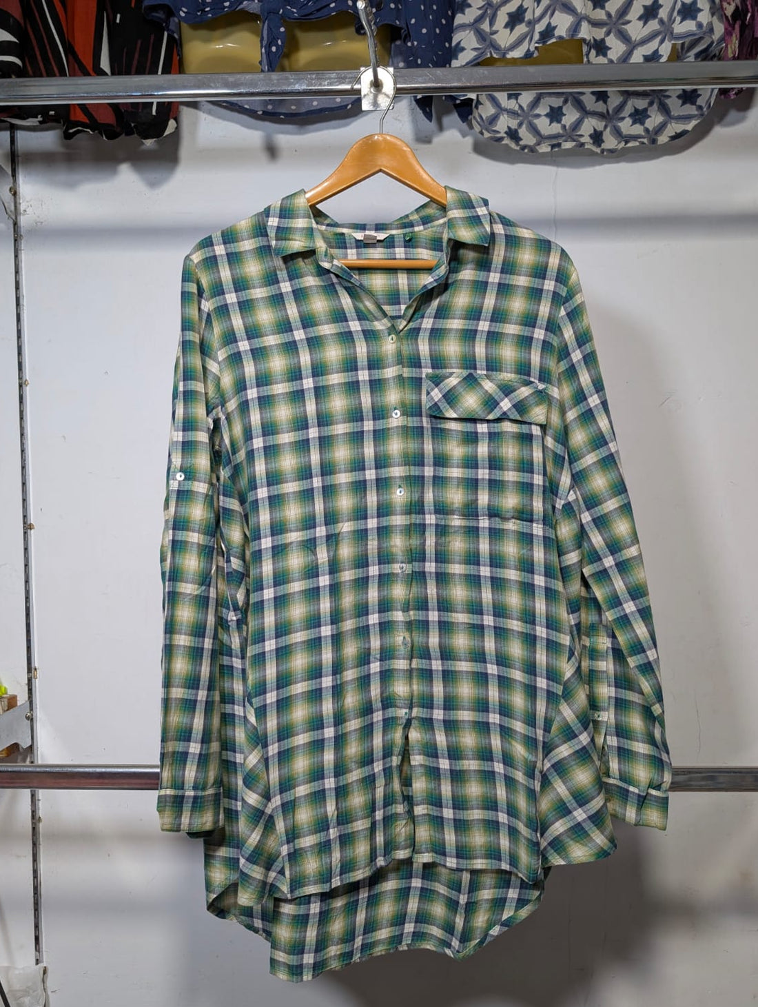 Green Plaid Roll-Tab High-Low Tunic Top