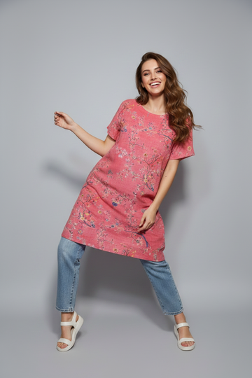 Coral Pink Chinoiserie Botanical Shift Dress