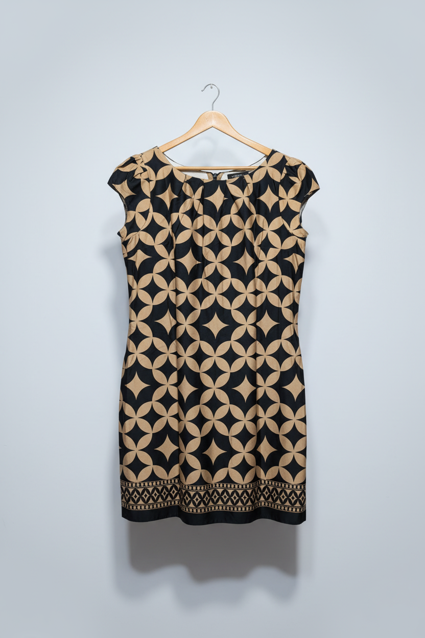Black & Camel Geometric Pleated Shift Dress