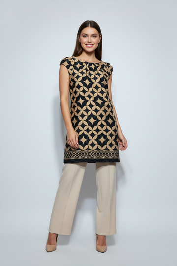 Black & Camel Geometric Pleated Shift Dress