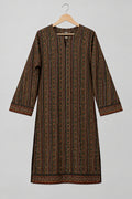 A long-sleeved tunic dress with vertical stripes in brown, black, and gold, hanging on a metal hanger against a white wardrobe door.