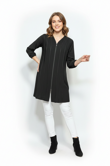 Black Textured Zipper Lace Tunic Dress