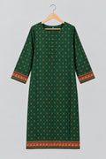 A dark green kurta with a small orange and yellow pattern, hanging on a metal hanger against a white wardrobe door.
