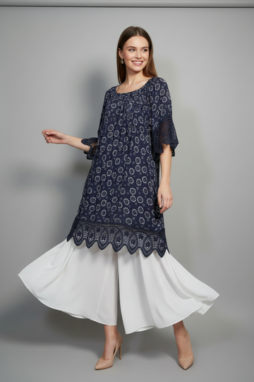 Navy Floral Crochet Lace Hem Tunic Dress