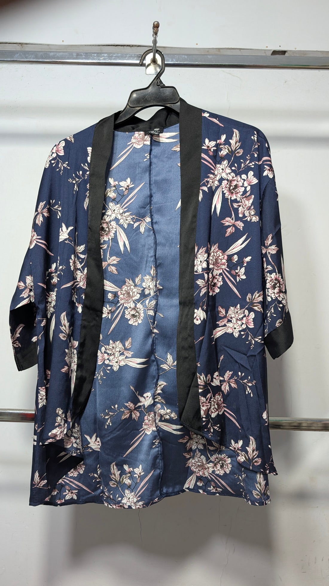 Navy Floral Satin Open-Front Kimono Shrug Top