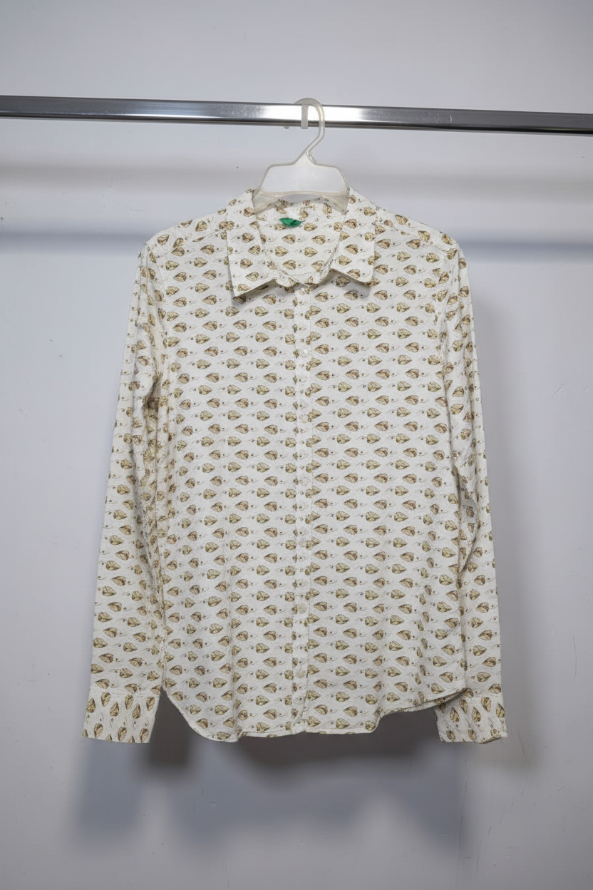 Women's White and Gold Leaf Print Button-Down Shirt